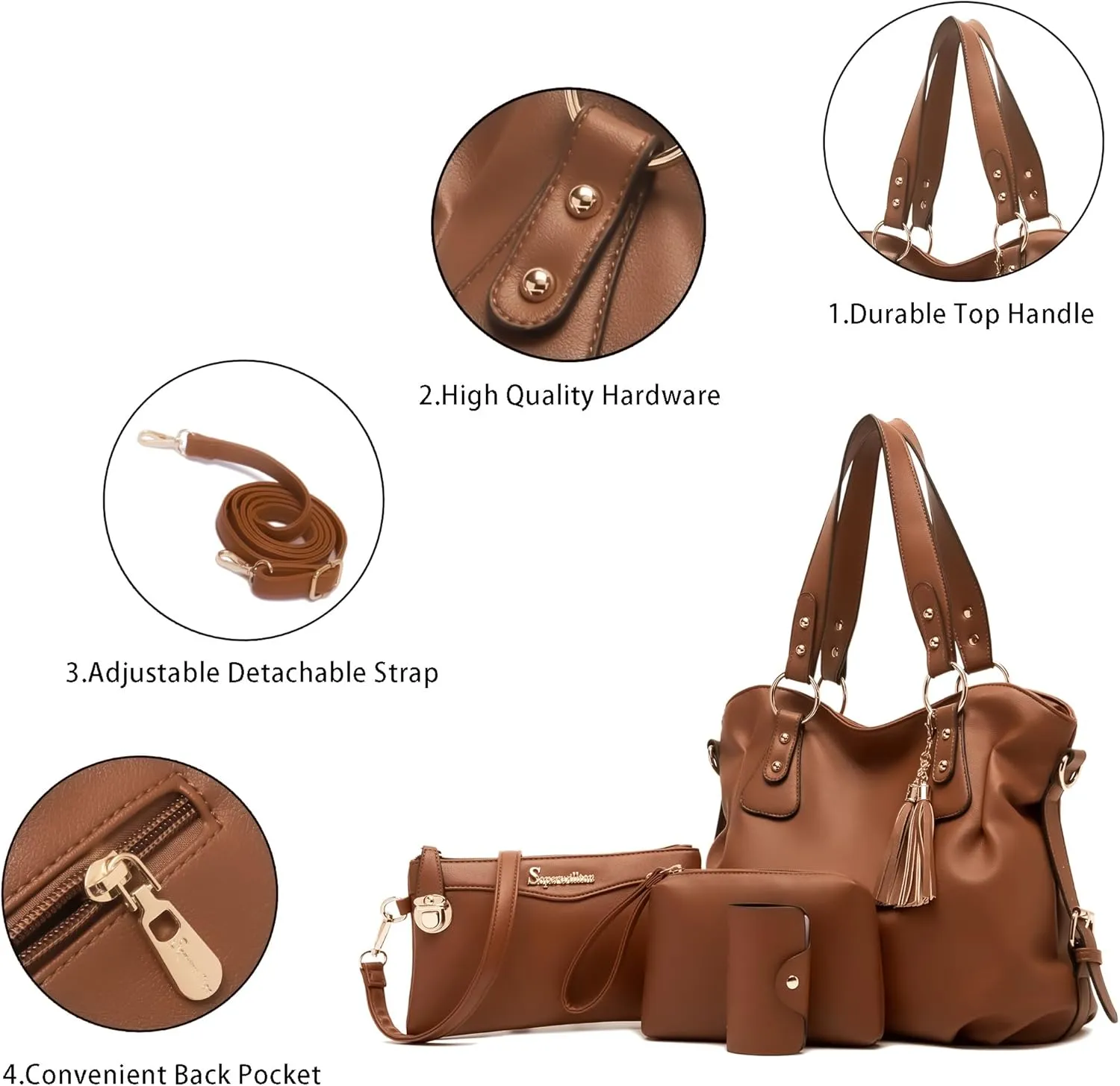 Soperwillton Fashion Handbag for Women Shoulder Bag Top Handle Satchel Hobo Tote Bag Purse Set 4pcs