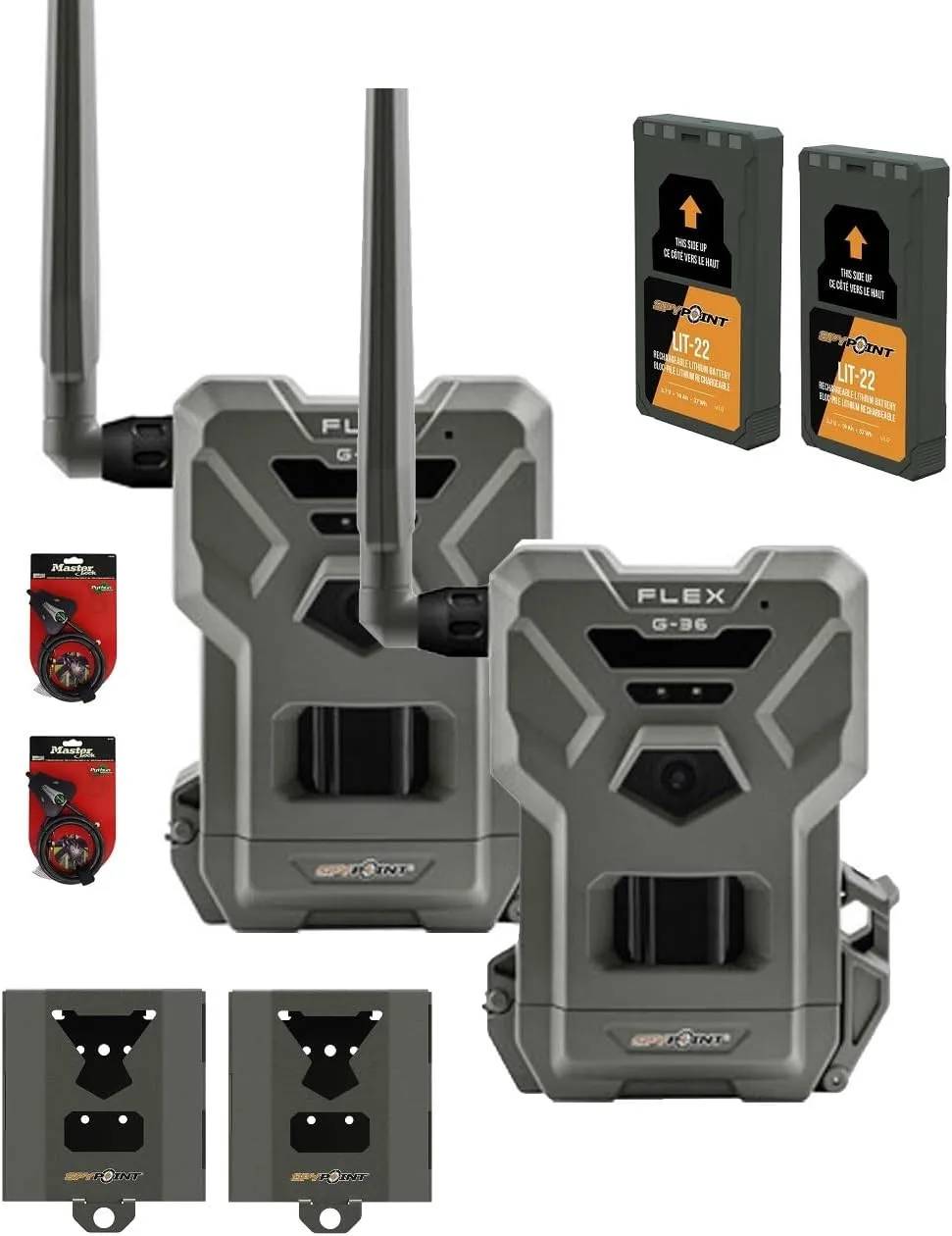 SPYPOINT Flex G-36 Twin Pack Cellular Trail Camera 36MP Photos 1080p Videos with Sound GPS Enabled Dual-Sim Connectivity with LIT-22 Removeable Batteries SB-500 Steel Lock Box and Locking Cable