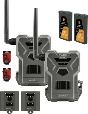 SPYPOINT Flex G-36 Twin Pack Cellular Trail Camera 36MP Photos 1080p Videos with Sound GPS Enabled Dual-Sim Connectivity with LIT-22 Removeable Batteries SB-500 Steel Lock Box and Locking Cable