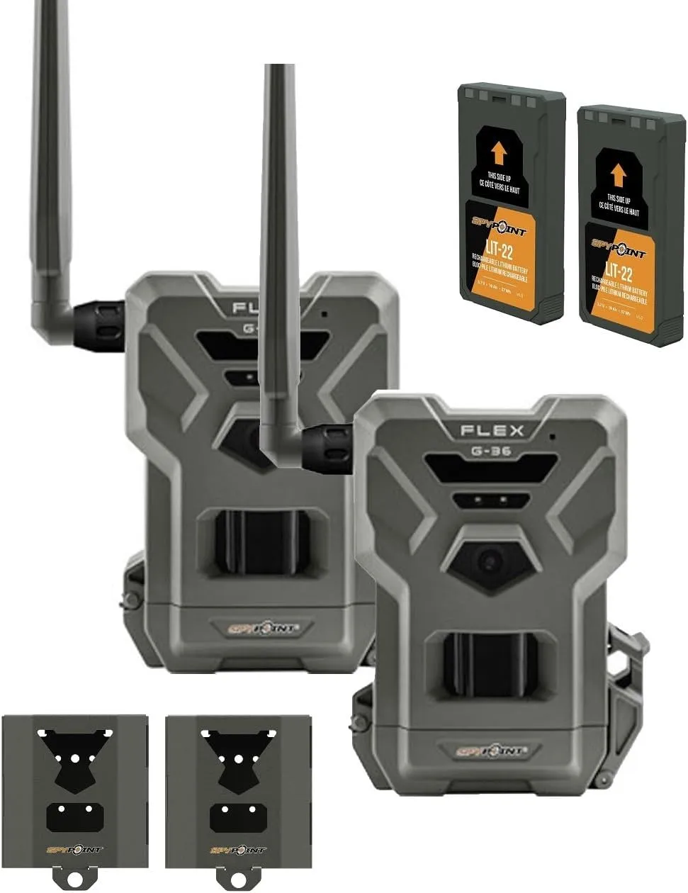 SPYPOINT Flex G-36 Twin Pack Cellular Trail Camera 36MP Photos 1080p Videos with Sound, GPS Enabled, Dual-Sim LTE Connectivity, 100' Range with LIT-22 Removeable Batteries and SB-500 Steel Lock Box