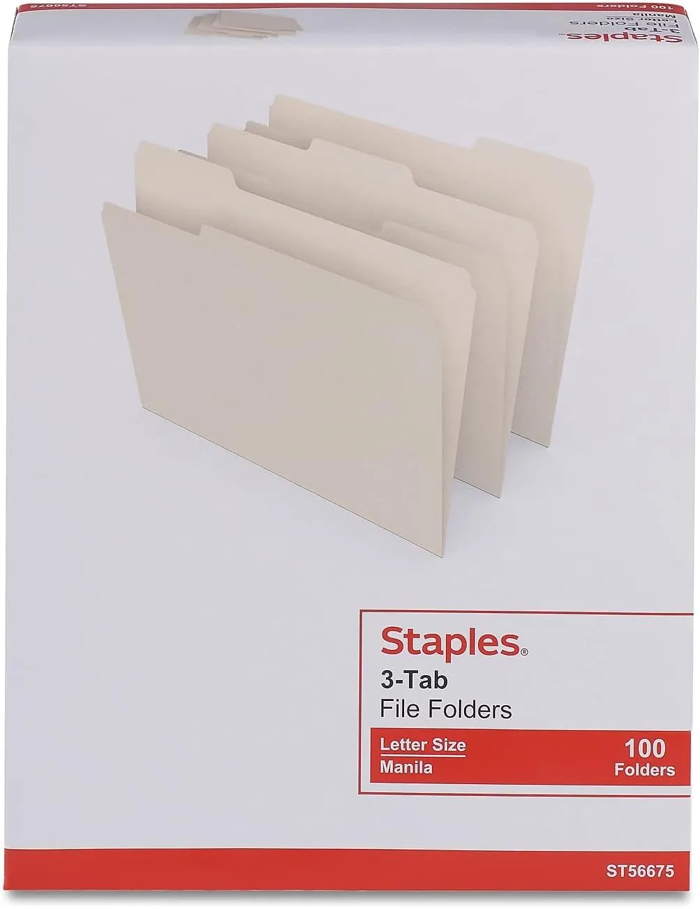 Staples File Folders, 1/3-Cut Tab, Assorted Position, Letter Size, Perfect for Home, Office, Classroom, 100-Pack, Manila
