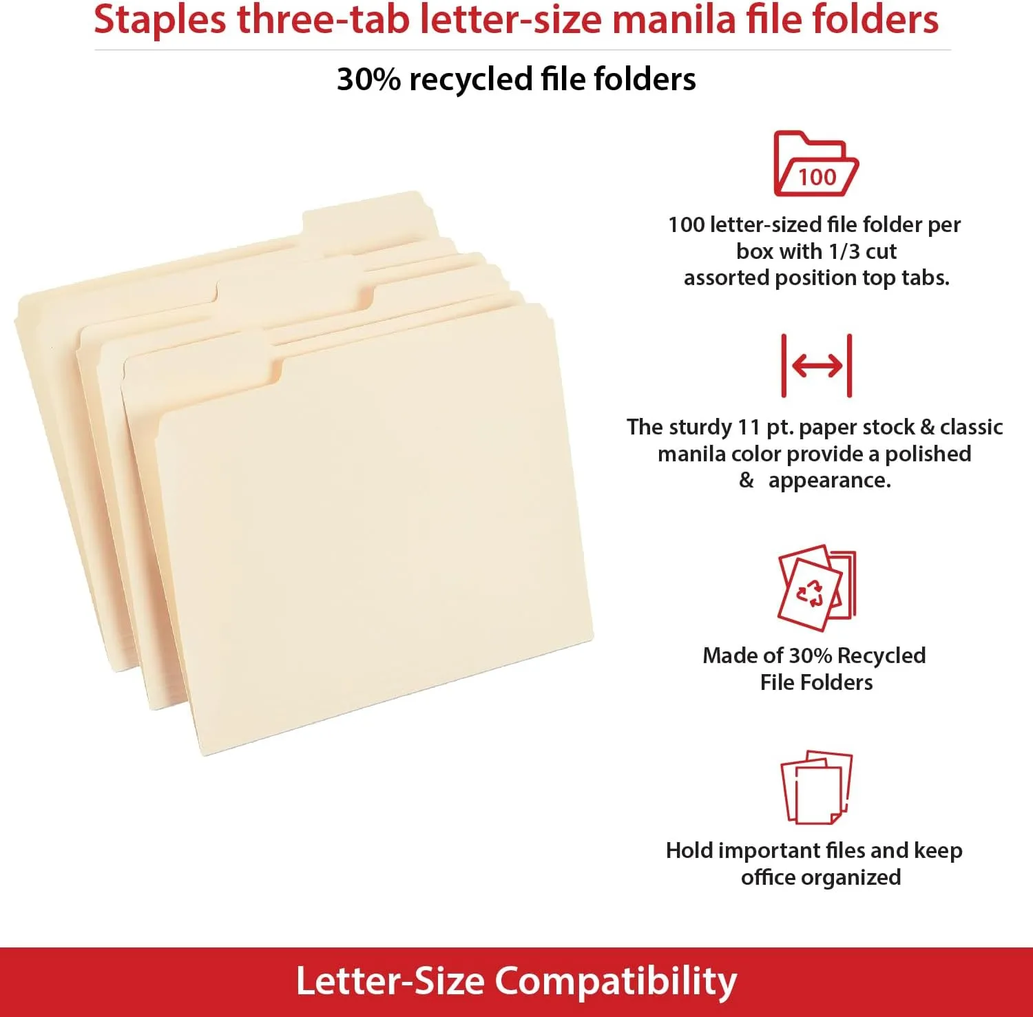 Staples File Folders, 1/3-Cut Tab, Assorted Position, Letter Size, Perfect for Home, Office, Classroom, 100-Pack, Manila