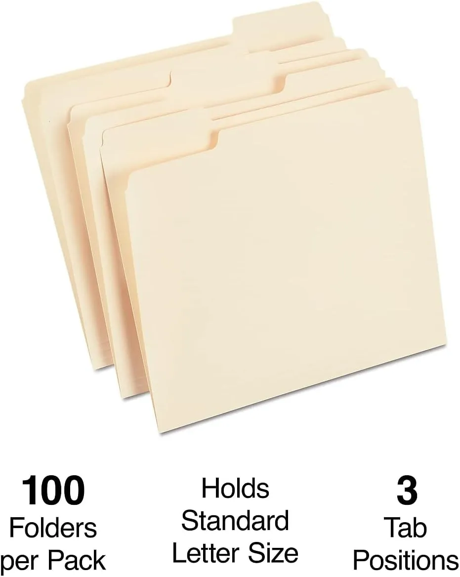 Staples File Folders, 1/3-Cut Tab, Assorted Position, Letter Size, Perfect for Home, Office, Classroom, 100-Pack, Manila