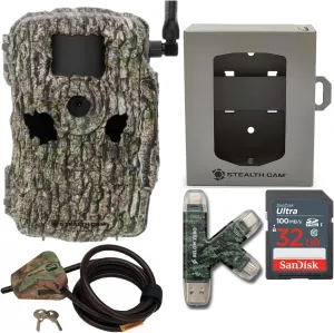 Stealth Cam Fusion X 26MP Dual Carrier Hunting Trail Camera (AT&T and Verizon, Treebark Camo) Bundle with Security Box, Locking Cable, Card Reader and Memory Card (5 Items)