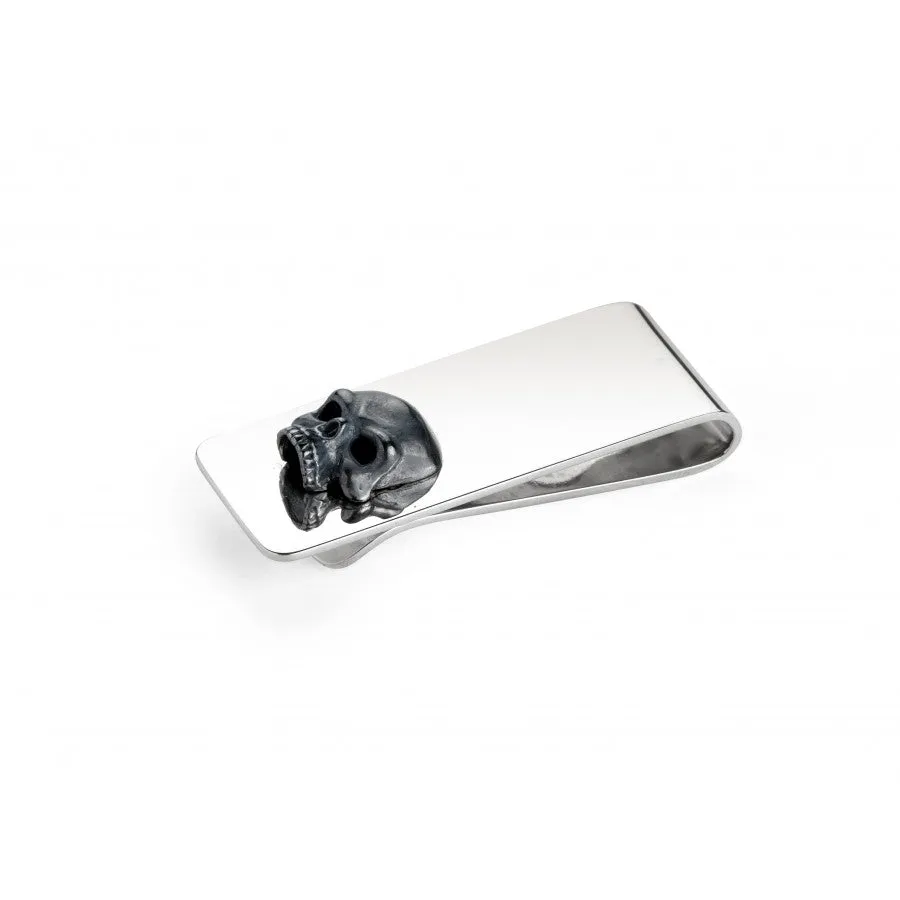 Sterling Silver Money Clip with Oxidised Skull