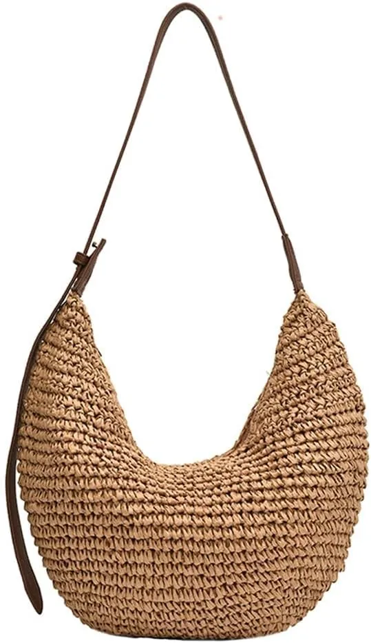 Straw Crossbody Shoulder Bag, Beach Woven Hobo Bags with Adjustable Strap, Large Capacity Straw Crescent Bags