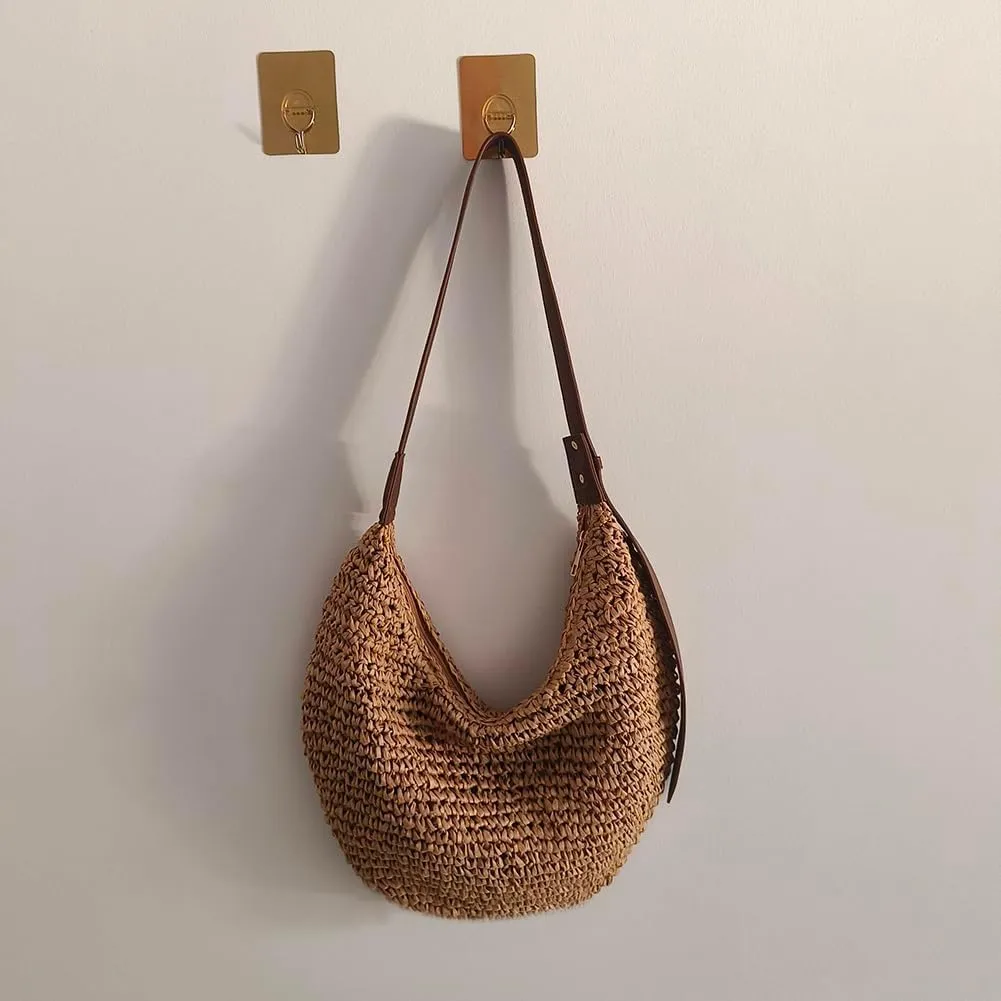 Straw Crossbody Shoulder Bag, Beach Woven Hobo Bags with Adjustable Strap, Large Capacity Straw Crescent Bags