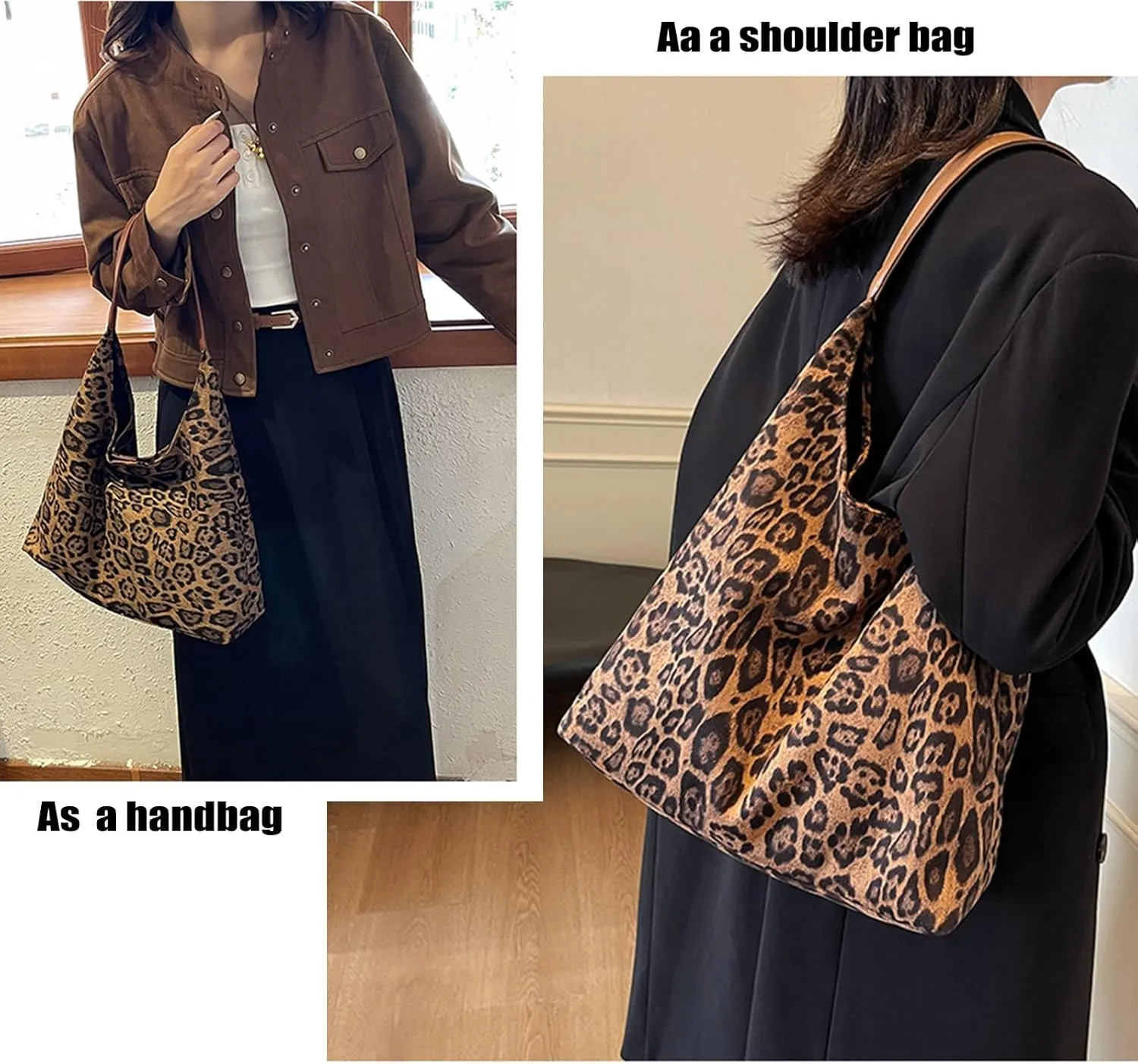 Suede Bags for Women Leopard Print Suede Tote Bag,Suede Shoulder Bag,Womens Hobo Handbag,Slouchy Bags