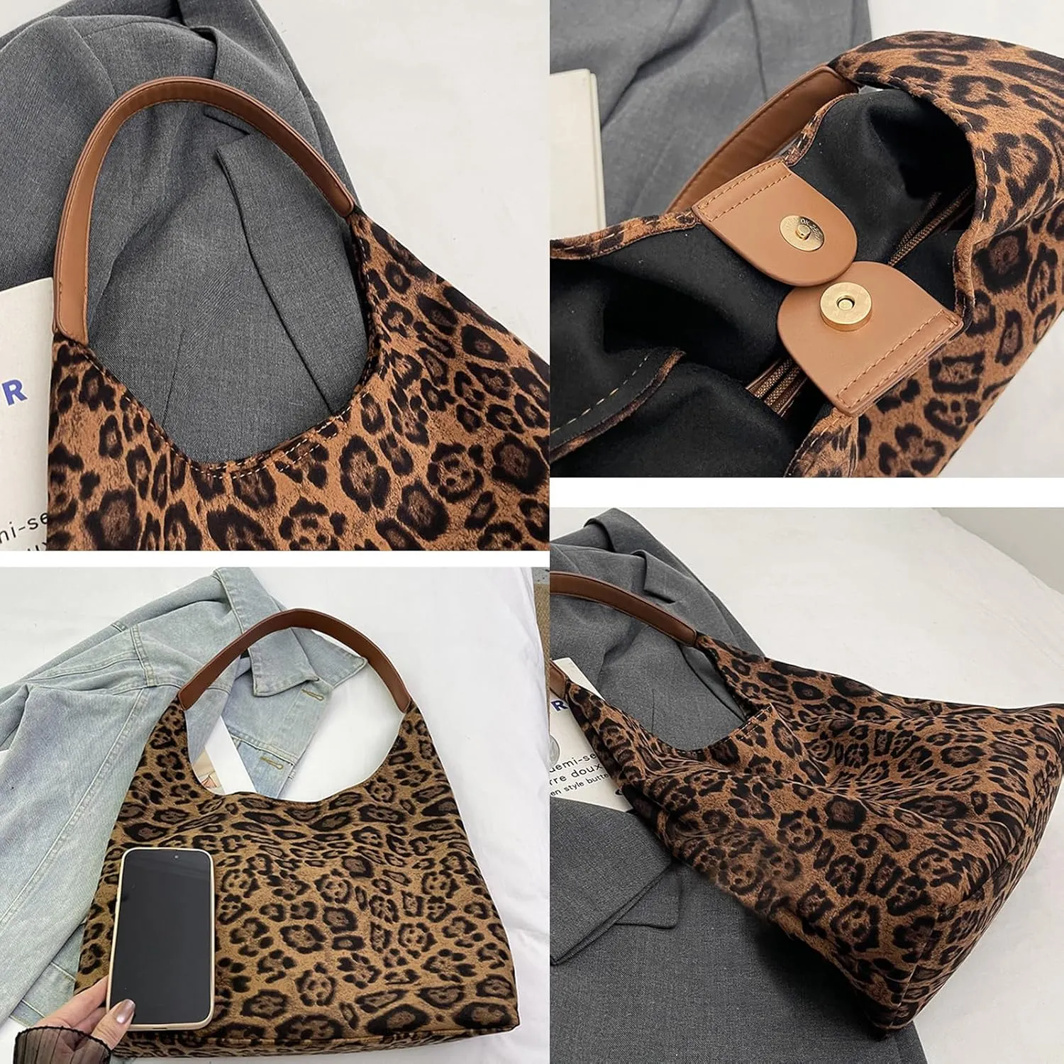 Suede Bags for Women Leopard Print Suede Tote Bag,Suede Shoulder Bag,Womens Hobo Handbag,Slouchy Bags