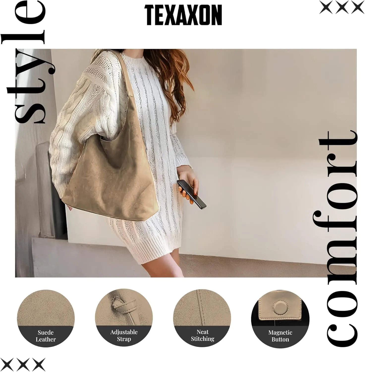 Suede Hobo Tote Bag for Women – Stylish Slouchy Handbag, Leather Work Bag, Women’s Handbags, Hobo Tote Bag for Travel&Office