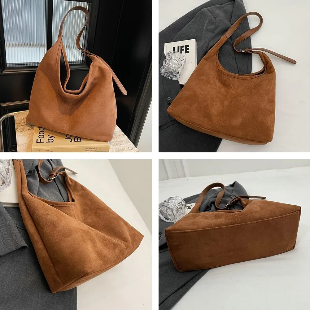 Suede Tote Bag for Women Shoulder Bag Retro Handbags Soft Satchel Stylish Large Two-piece Purse Work Travel