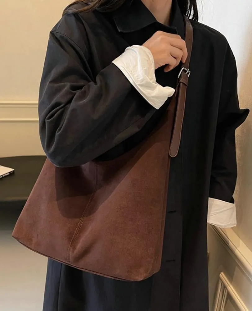 Suede Tote Bag for Women Shoulder Bag Retro Handbags Soft Satchel Stylish Large Two-piece Purse Work Travel