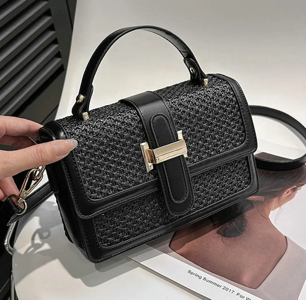 Summer Straw Handbags for Women Straw Crossbody Bag PU Leather Tote Bag Summer Straw Hobo Bag Shoulder Clutch Bag
