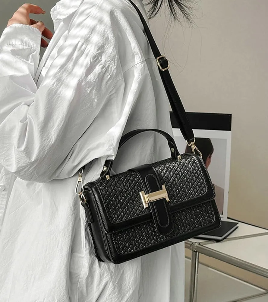 Summer Straw Handbags for Women Straw Crossbody Bag PU Leather Tote Bag Summer Straw Hobo Bag Shoulder Clutch Bag