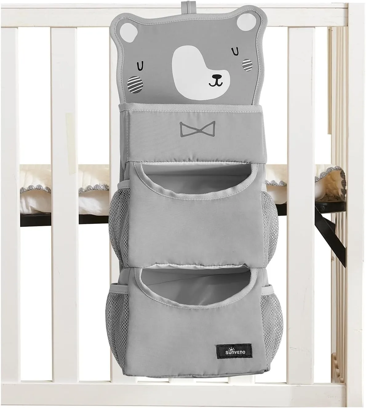 SUNEVNO Hanging Baby Diaper Caddy Organizer Diaper Stacker, Baby Crib Hanging Classified Storage Bag Organizer for Changing Table Crib Playard or Wall & Nursery Organization (Gray Bear)