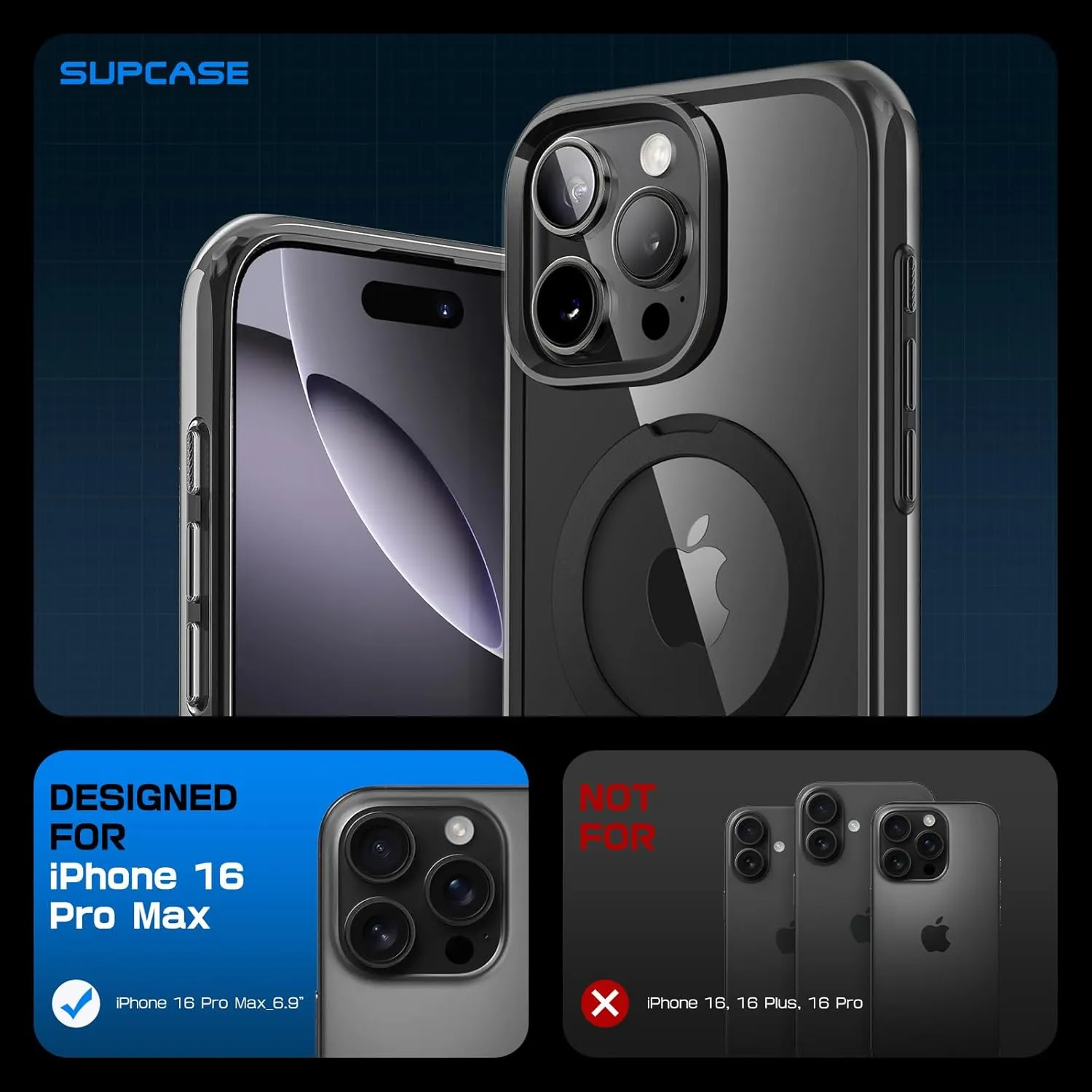 SUPCASE for iPhone 16 Pro Max Case with Camera Control Capture Button (Unicorn Beetle Mag), [Built-in Stand] [Compatible with MagSafe] [Military-Grade Protection] Slim Clear Magnetic Phone Case, Dark