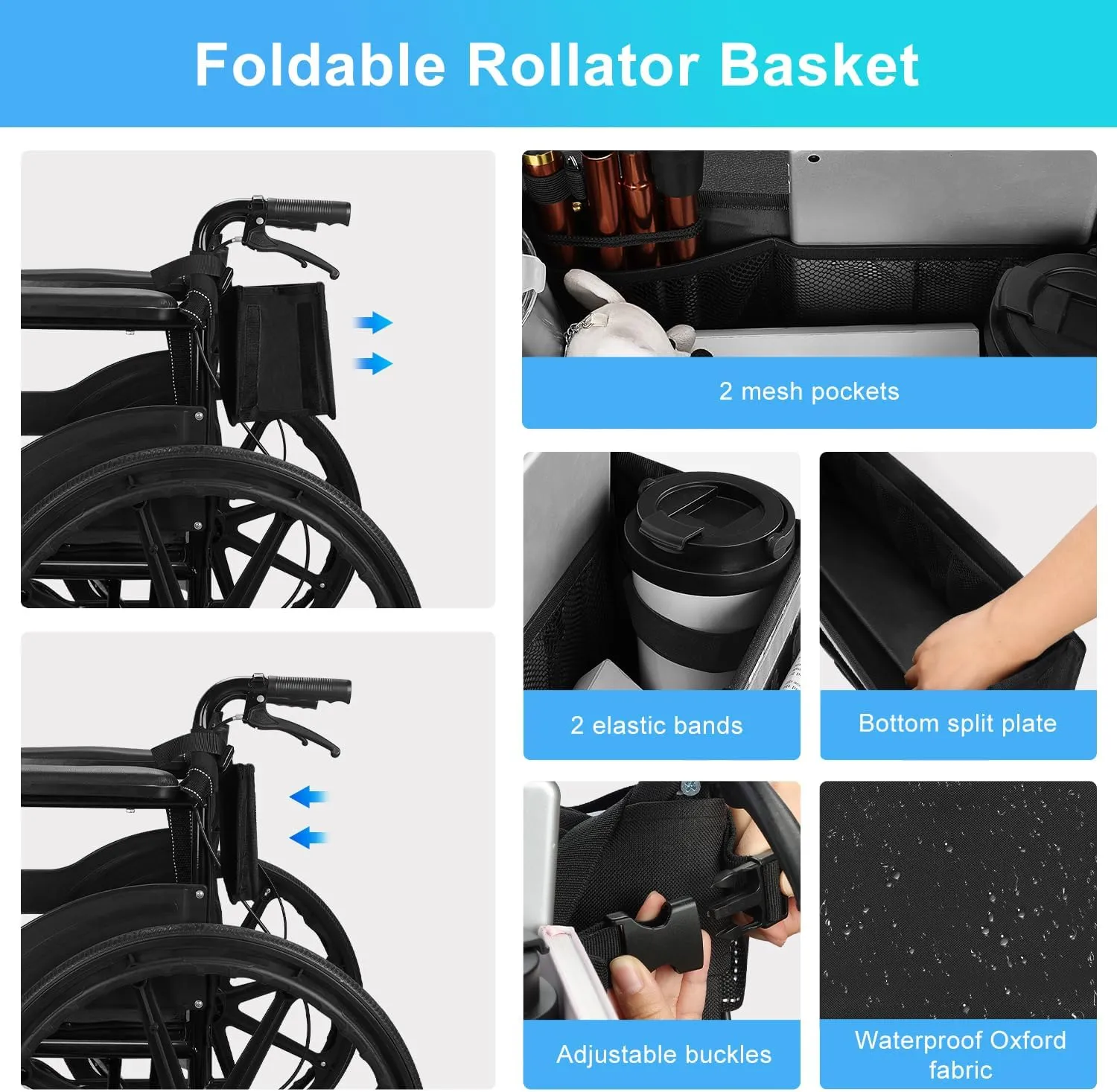 supregear Wheelchair Basket for Back, Large Capacity Wheelchair Backpack Organizer Bag with Multiple Pockets and Cup Holder Wheelchair Accessories Waterproof Storage Bag for Seniors, Black
