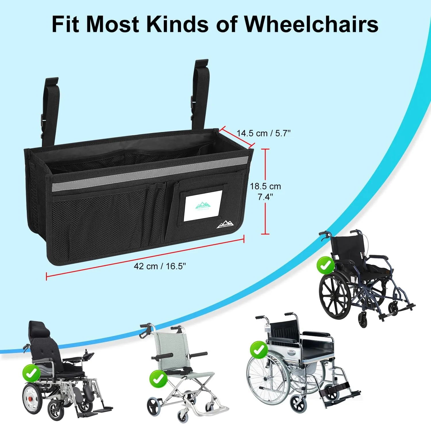 supregear Wheelchair Basket for Back, Large Capacity Wheelchair Backpack Organizer Bag with Multiple Pockets and Cup Holder Wheelchair Accessories Waterproof Storage Bag for Seniors, Black
