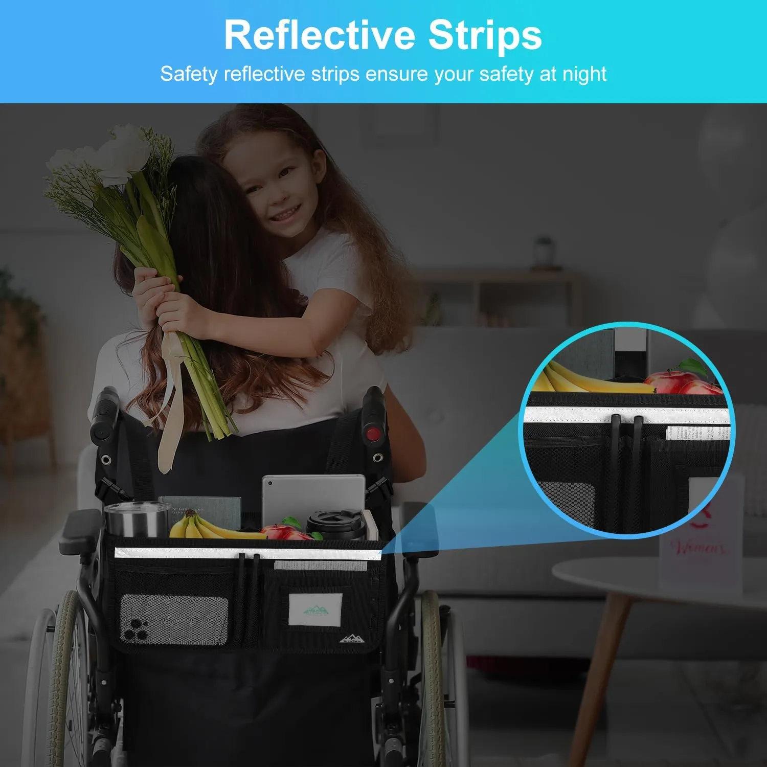 supregear Wheelchair Basket for Back, Large Capacity Wheelchair Backpack Organizer Bag with Multiple Pockets and Cup Holder Wheelchair Accessories Waterproof Storage Bag for Seniors, Black