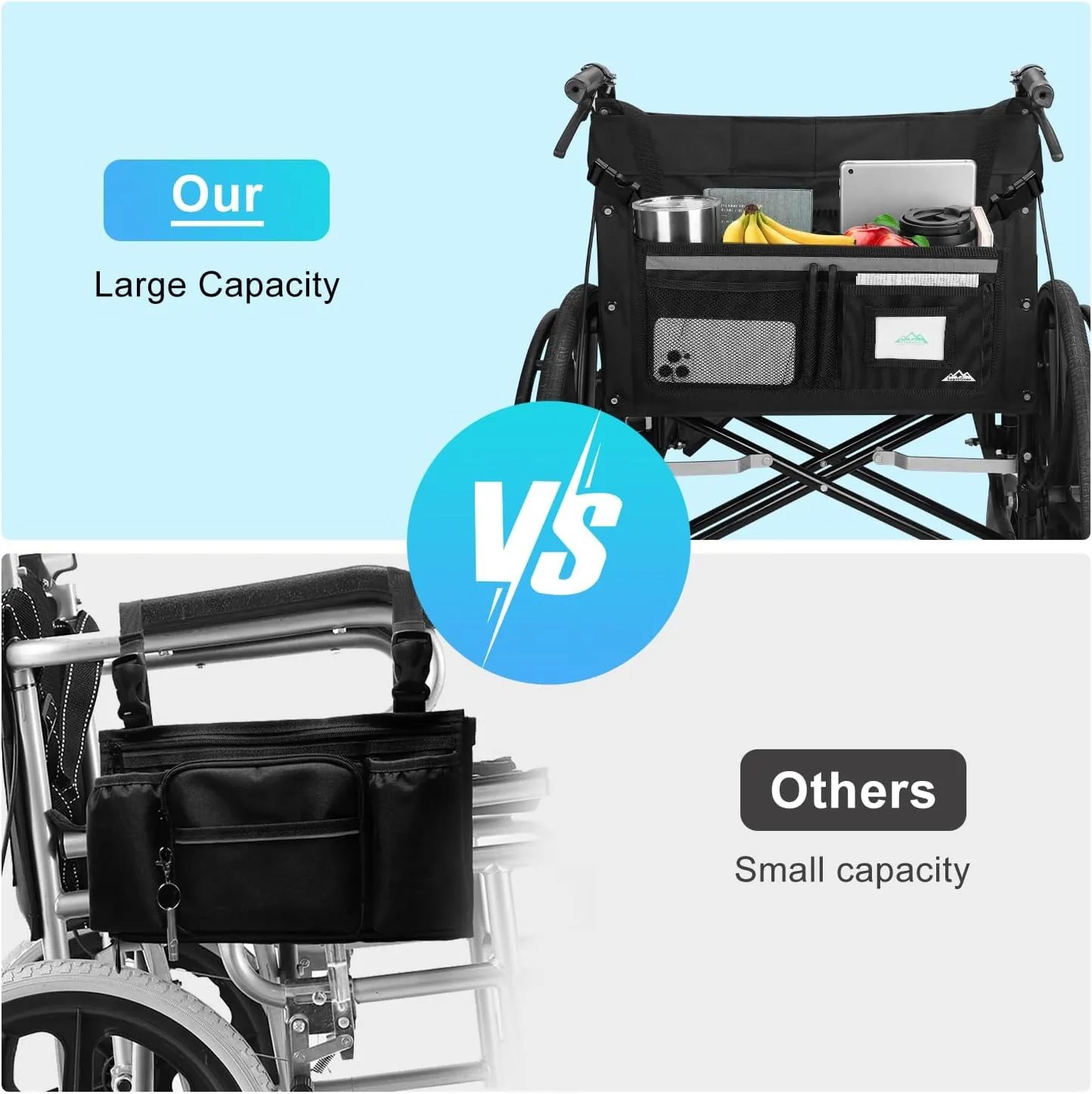 supregear Wheelchair Basket for Back, Large Capacity Wheelchair Backpack Organizer Bag with Multiple Pockets and Cup Holder Wheelchair Accessories Waterproof Storage Bag for Seniors, Black