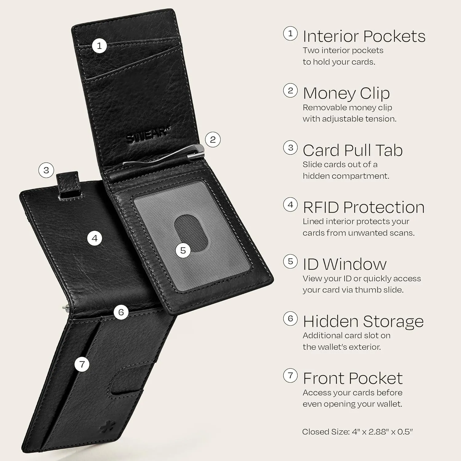 Swear Brands Full Grain Leather Wallet with RFID Blocking & Money Clip - Minimalist Bifold Wallet Holds 12 Cards - Easy Access Pull Tab - Ethically Sourced (Black)