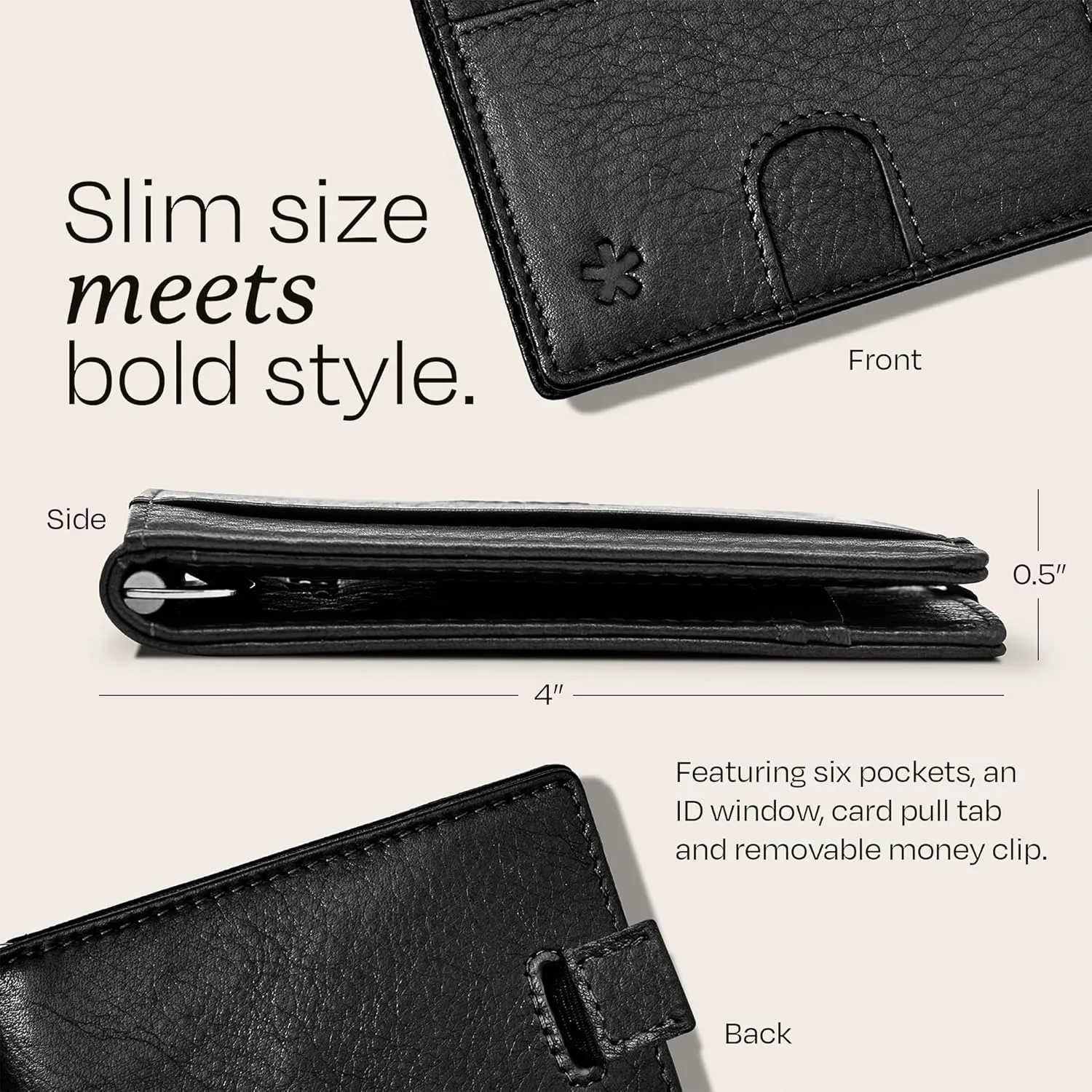 Swear Brands Full Grain Leather Wallet with RFID Blocking & Money Clip - Minimalist Bifold Wallet Holds 12 Cards - Easy Access Pull Tab - Ethically Sourced (Black)