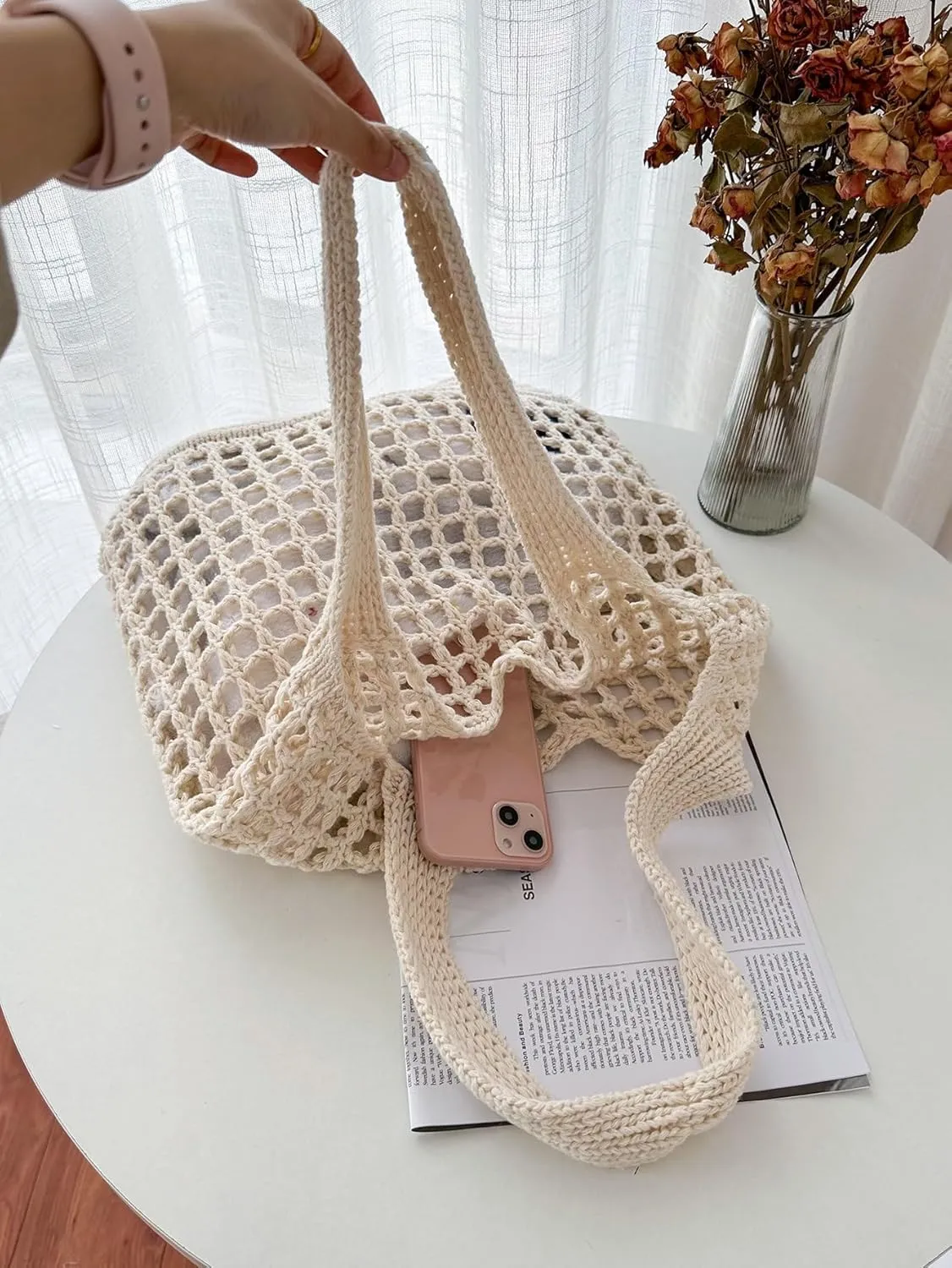 SweatyRocks Women's Crochet Beach Mesh Tote Bags Retro Hobo Knitted Fishnet Handbags