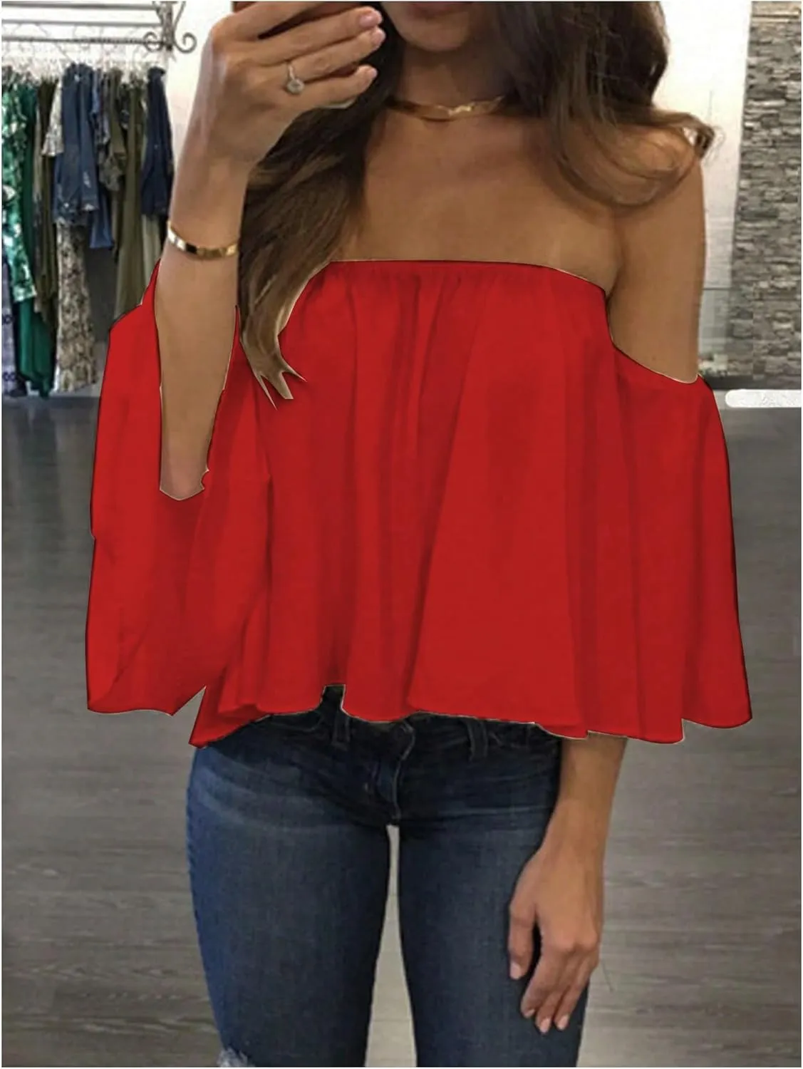 SweatyRocks Women's Sexy Cute Off Shoulder Ruffle Hem Flowy Chiffon Blouses Top