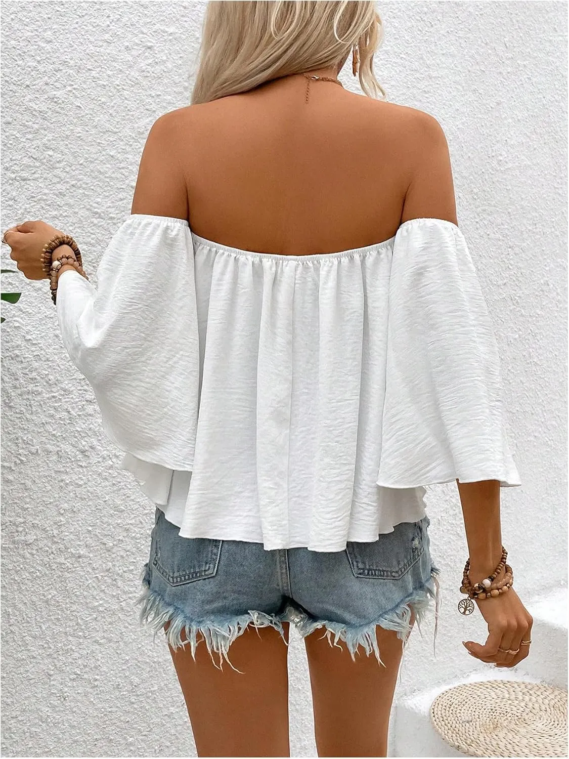 SweatyRocks Women's Sexy Cute Off Shoulder Ruffle Hem Flowy Chiffon Blouses Top