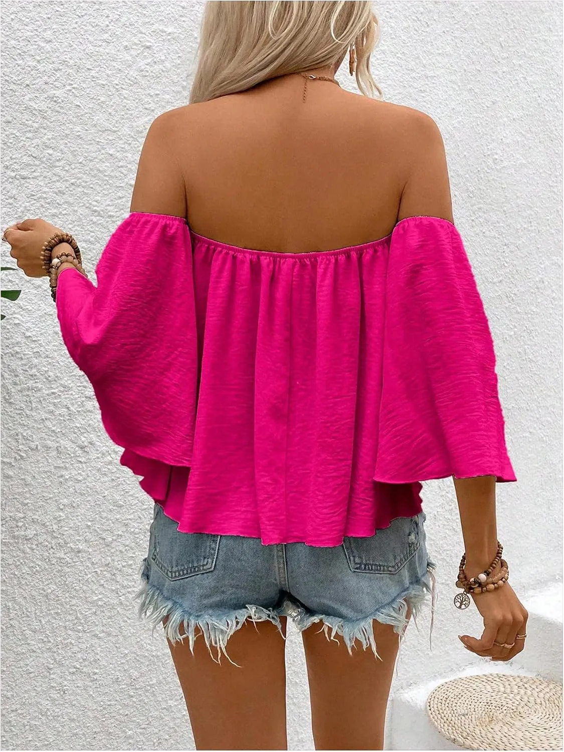 SweatyRocks Women's Sexy Cute Off Shoulder Ruffle Hem Flowy Chiffon Blouses Top