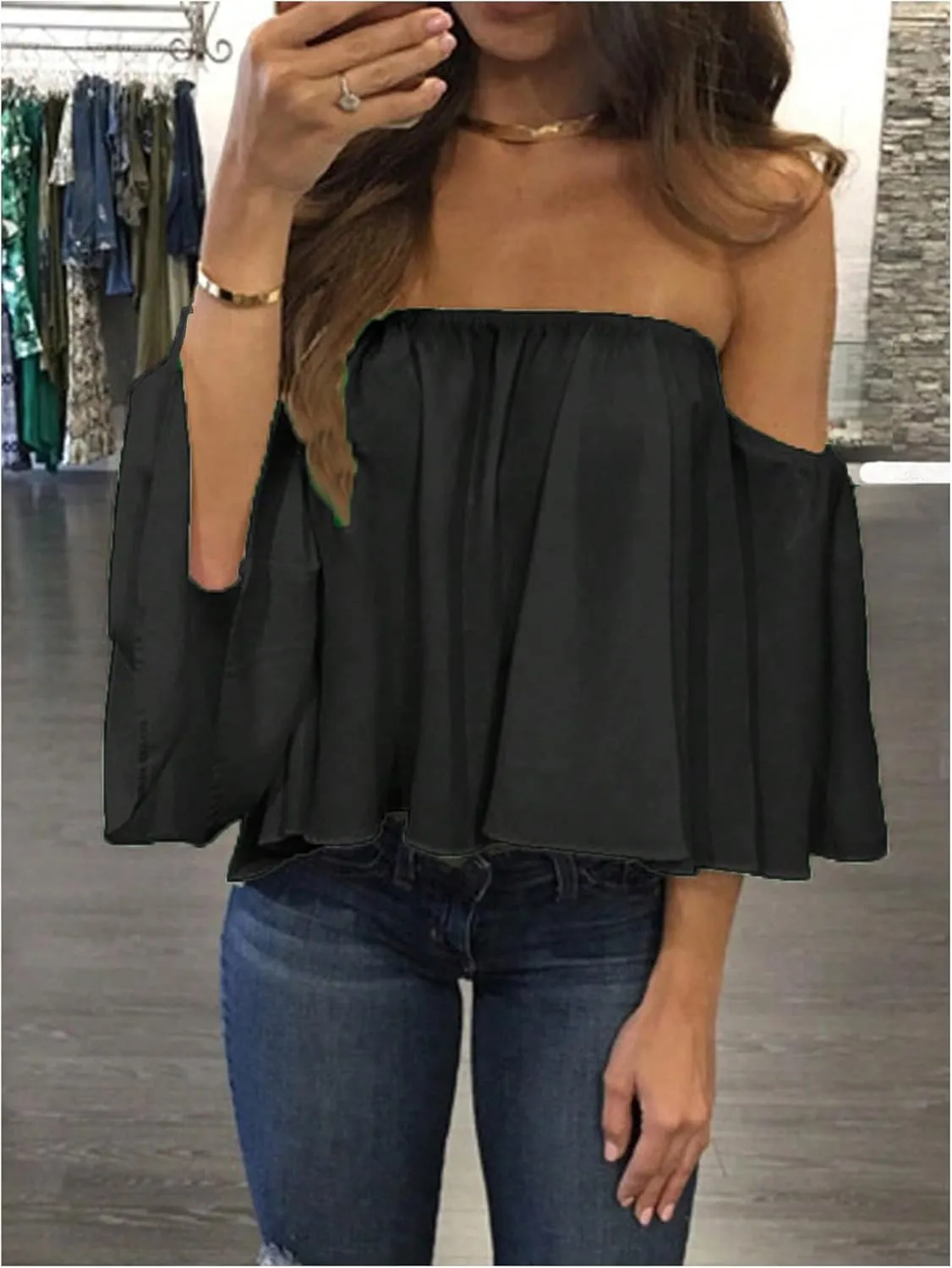 SweatyRocks Women's Sexy Cute Off Shoulder Ruffle Hem Flowy Chiffon Blouses Top