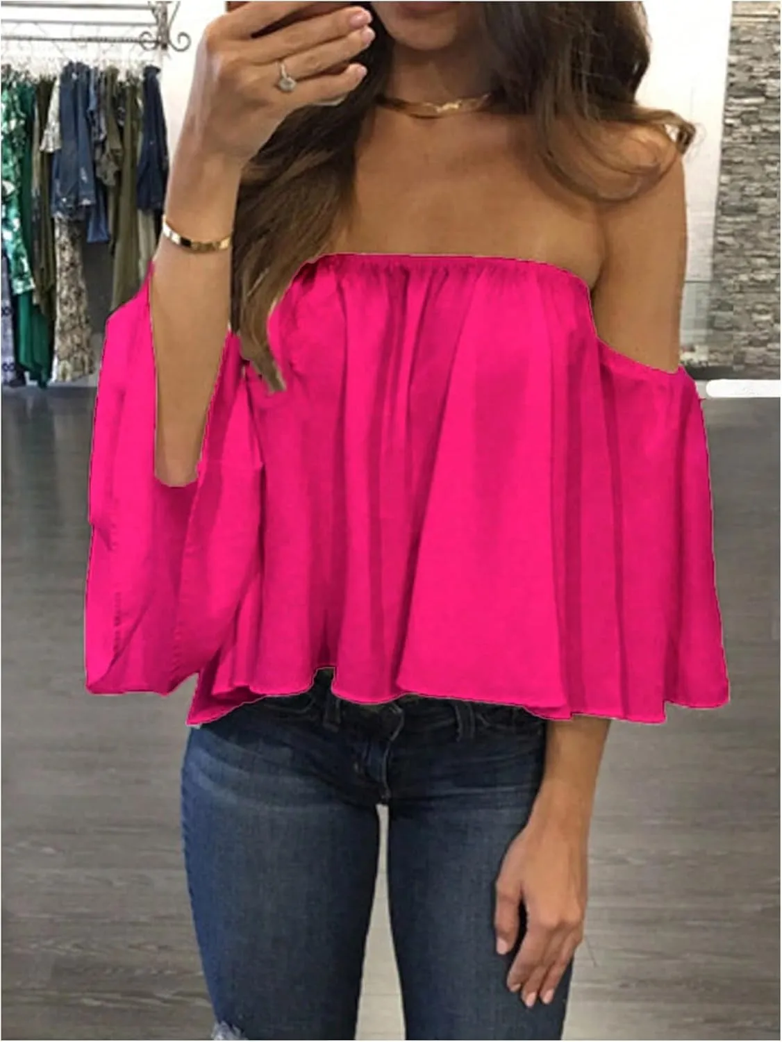 SweatyRocks Women's Sexy Cute Off Shoulder Ruffle Hem Flowy Chiffon Blouses Top