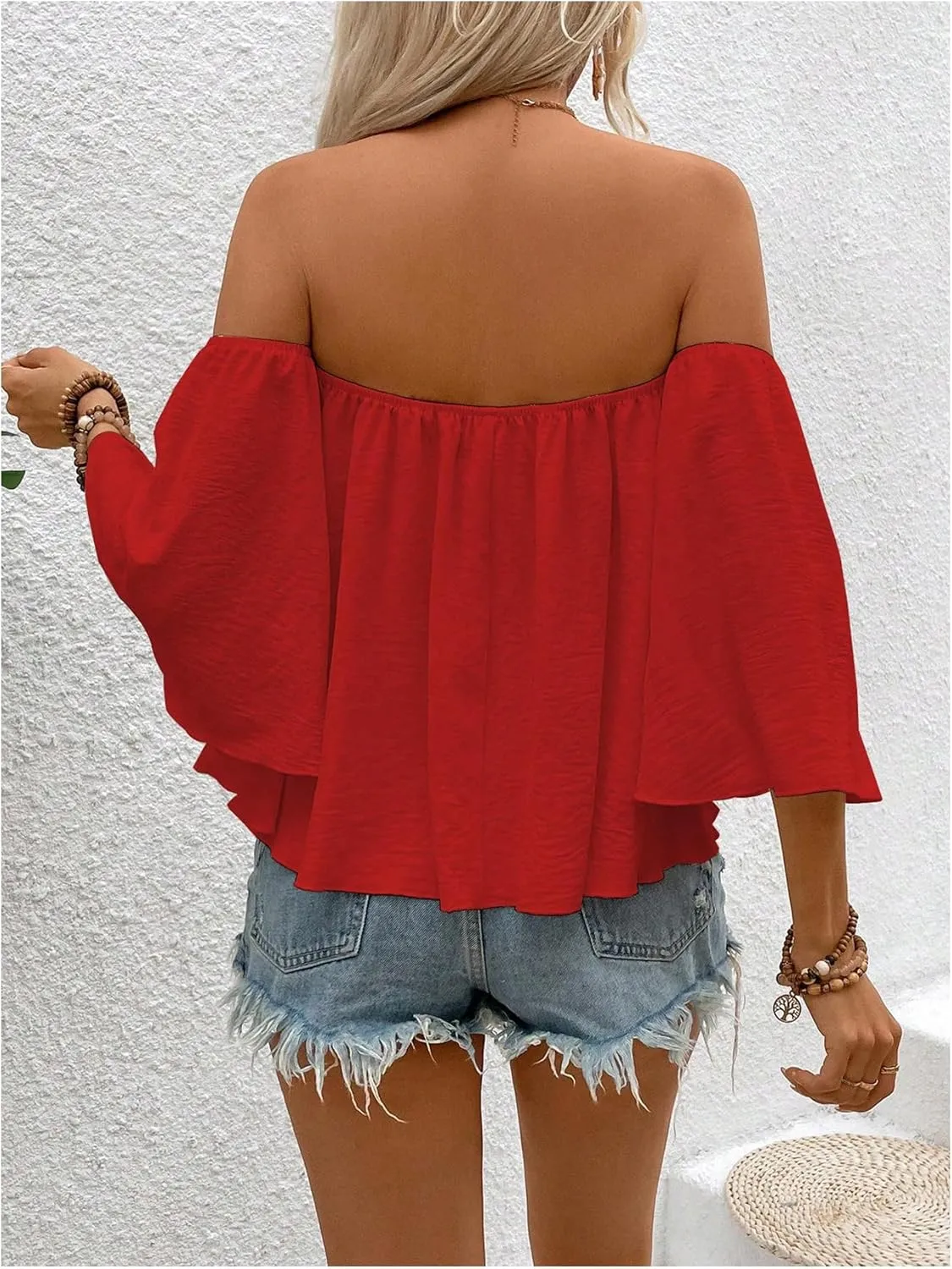 SweatyRocks Women's Sexy Cute Off Shoulder Ruffle Hem Flowy Chiffon Blouses Top