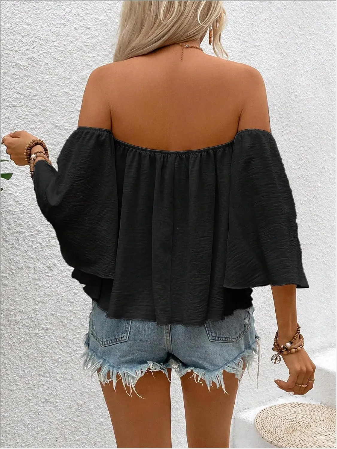SweatyRocks Women's Sexy Cute Off Shoulder Ruffle Hem Flowy Chiffon Blouses Top