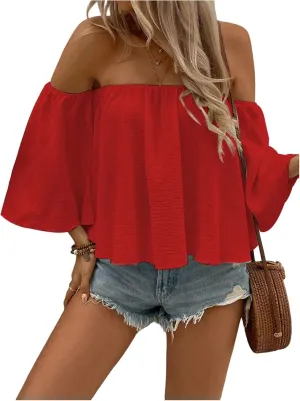 SweatyRocks Women's Sexy Cute Off Shoulder Ruffle Hem Flowy Chiffon Blouses Top