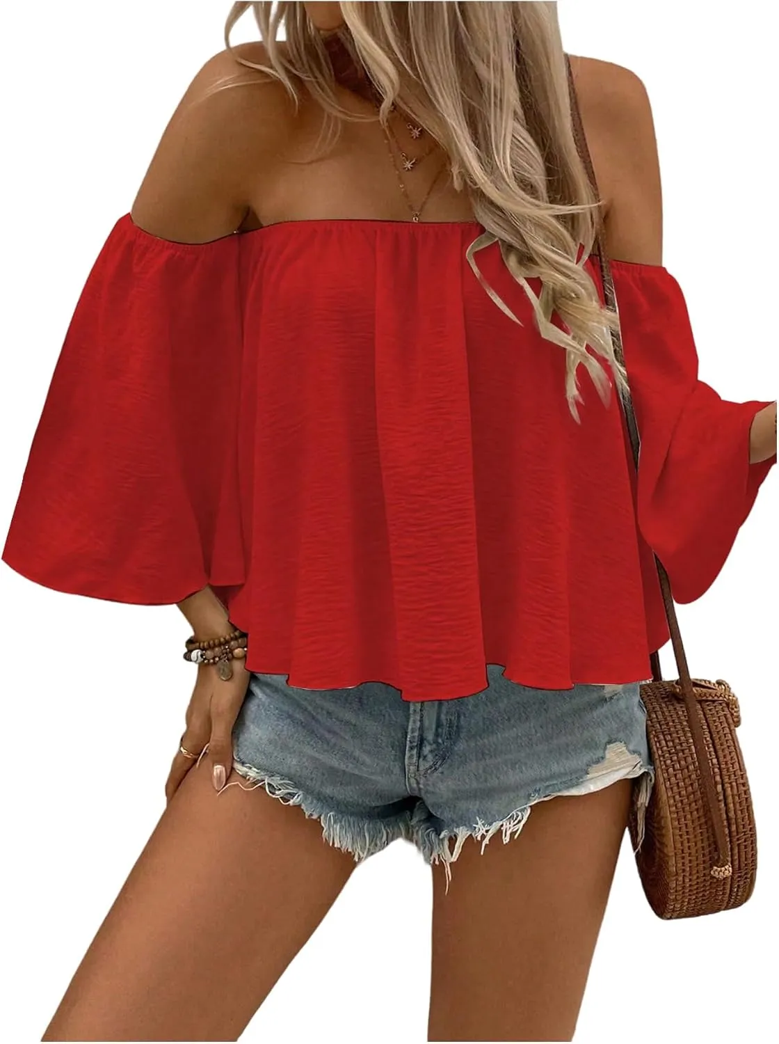 SweatyRocks Women's Sexy Cute Off Shoulder Ruffle Hem Flowy Chiffon Blouses Top