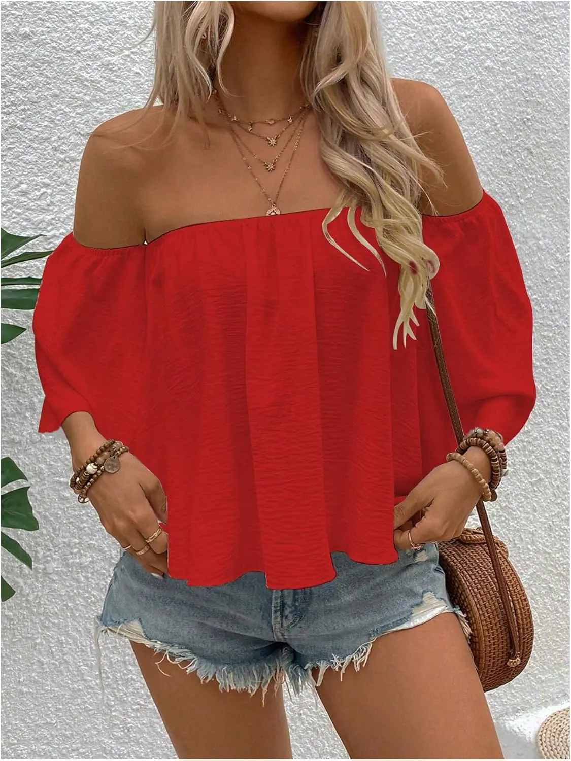 SweatyRocks Women's Sexy Cute Off Shoulder Ruffle Hem Flowy Chiffon Blouses Top