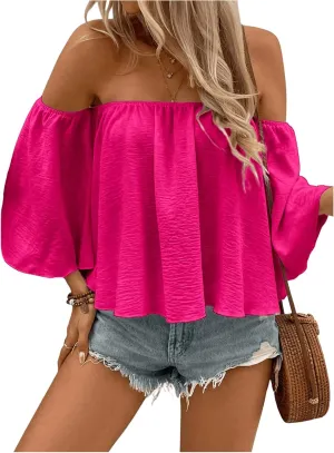 SweatyRocks Women's Sexy Cute Off Shoulder Ruffle Hem Flowy Chiffon Blouses Top