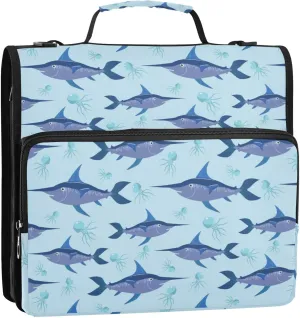 Swordfish and Jellyfish Zipper Binder, 1.5 inch 3 Ring Binder Organizer Bag with Shoulder Strap and Handle, 500 Sheet Capacity