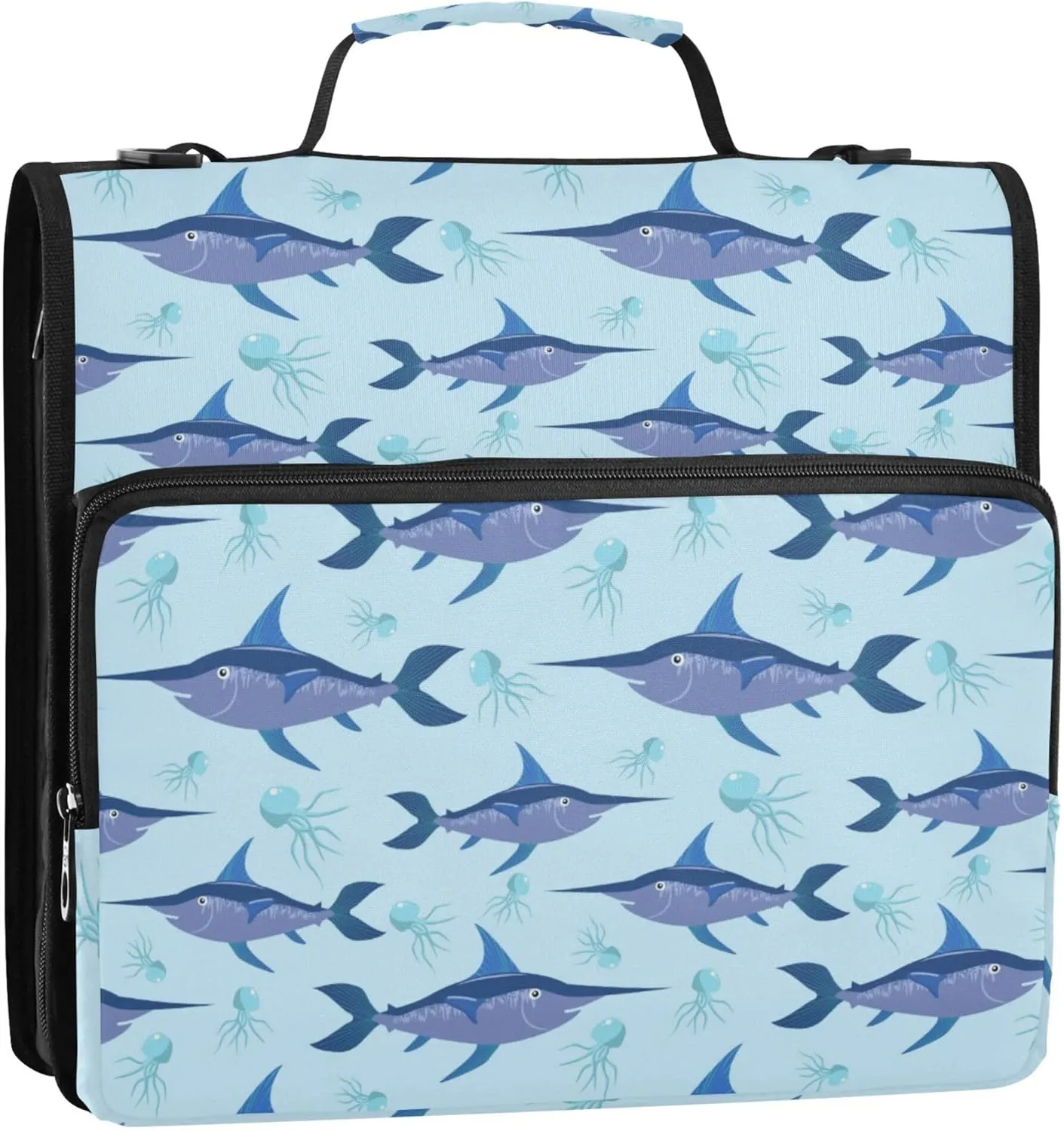Swordfish and Jellyfish Zipper Binder, 1.5 inch 3 Ring Binder Organizer Bag with Shoulder Strap and Handle, 500 Sheet Capacity