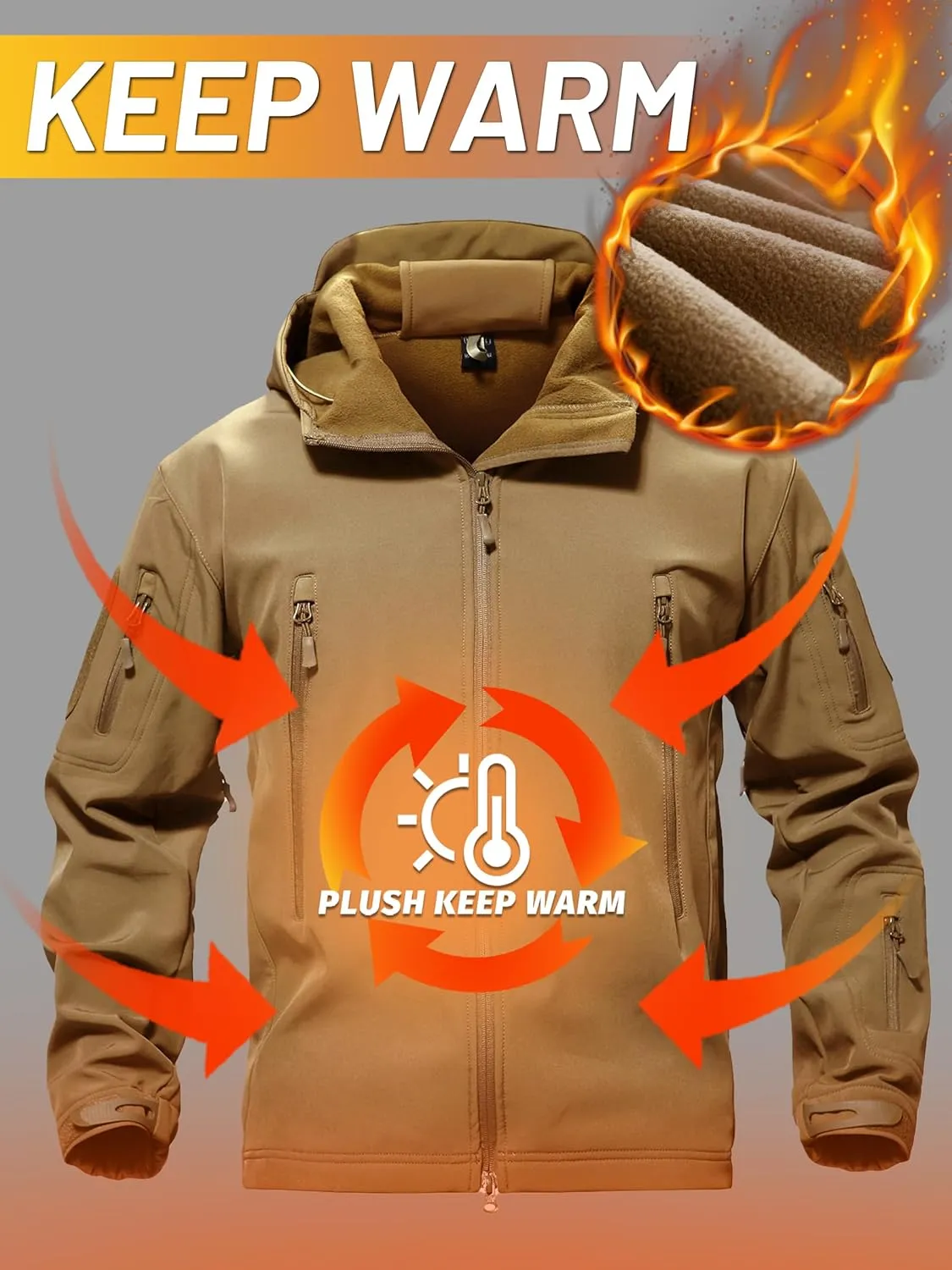 TACVASEN Men's Special Ops Military Tactical Rain Jackets Winter Warm Fleece Softshell Hooded Raincoat Snowboard