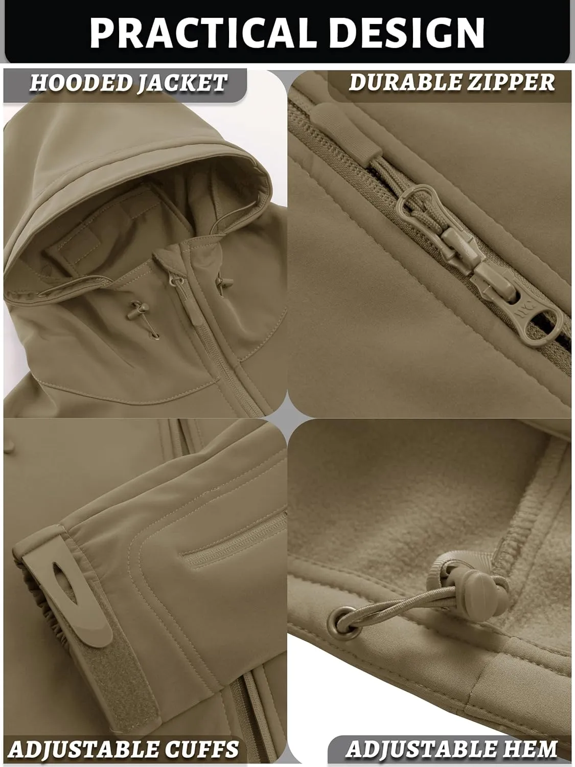 TACVASEN Men's Special Ops Military Tactical Rain Jackets Winter Warm Fleece Softshell Hooded Raincoat Snowboard