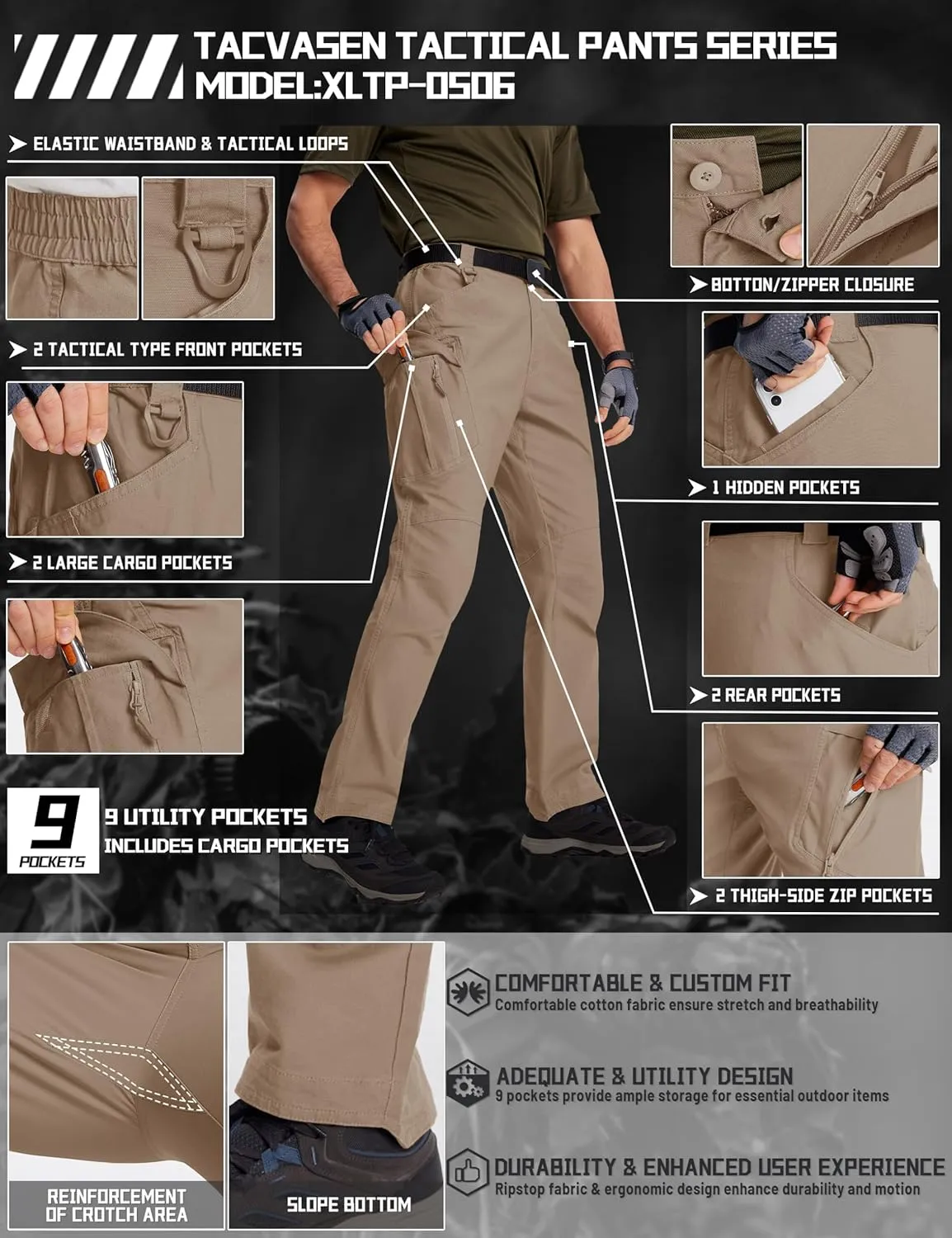 TACVASEN Men's Tactical Cargo Pants, Cotton 9 Pockets Work Pants, Stretch Hiking Pants, Lightweight Outdoor Workout Pant