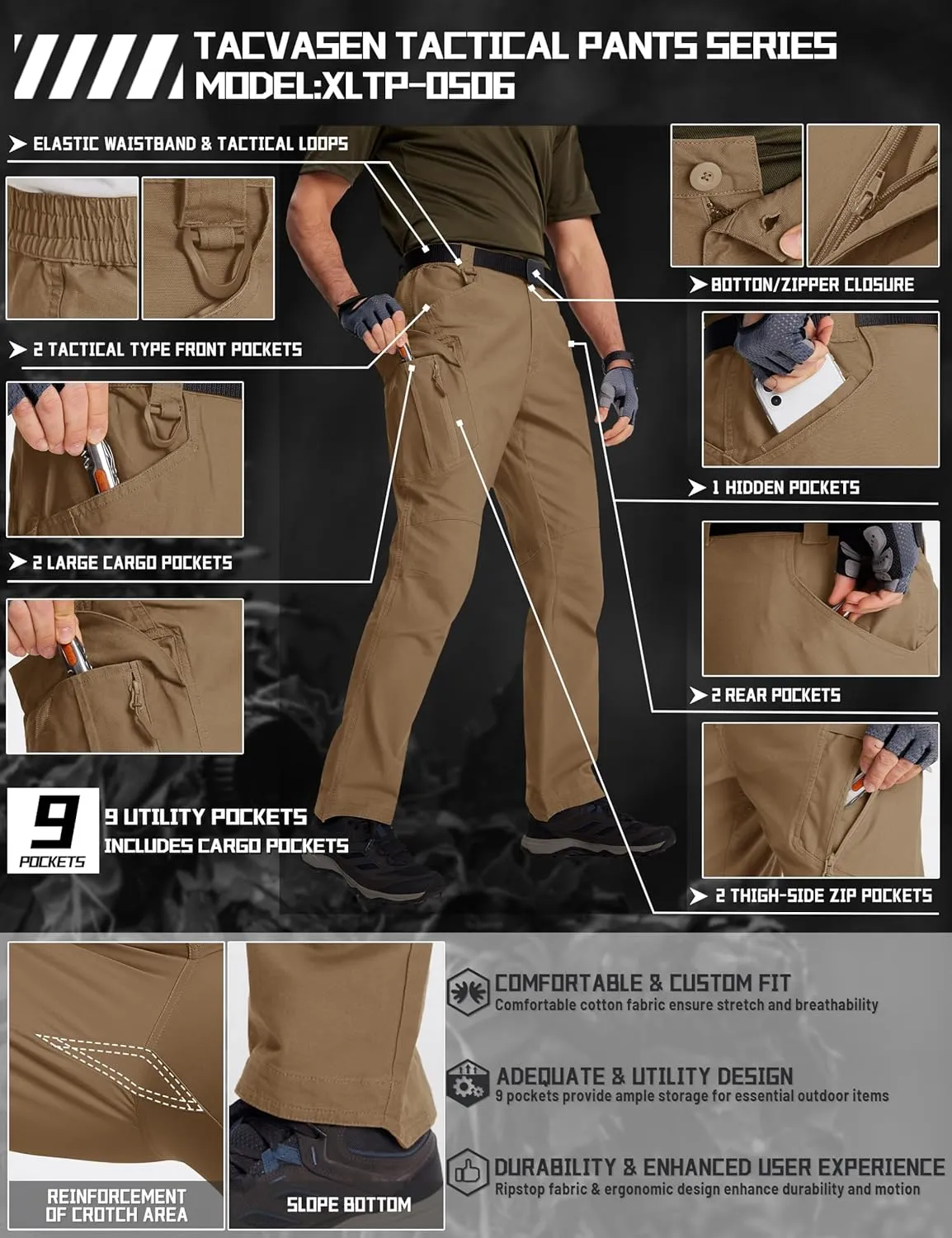 TACVASEN Men's Tactical Cargo Pants, Cotton 9 Pockets Work Pants, Stretch Hiking Pants, Lightweight Outdoor Workout Pant