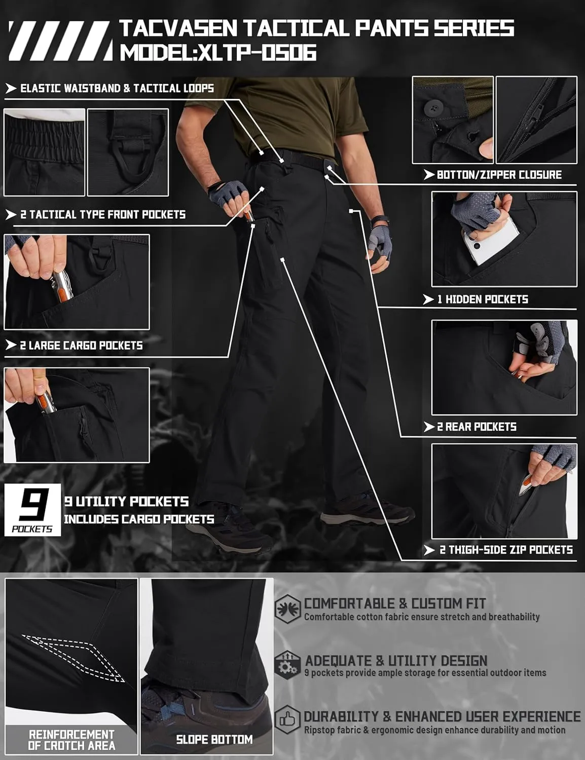 TACVASEN Men's Tactical Cargo Pants, Cotton 9 Pockets Work Pants, Stretch Hiking Pants, Lightweight Outdoor Workout Pant
