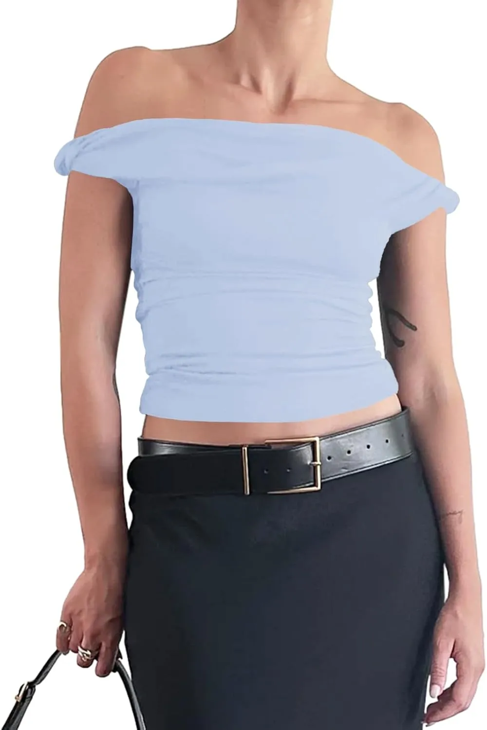 Tankaneo Womens Off The Shoulder Top Sleeveless Slim Fit Stretchy Tank Top Y2k Casual T Shirts