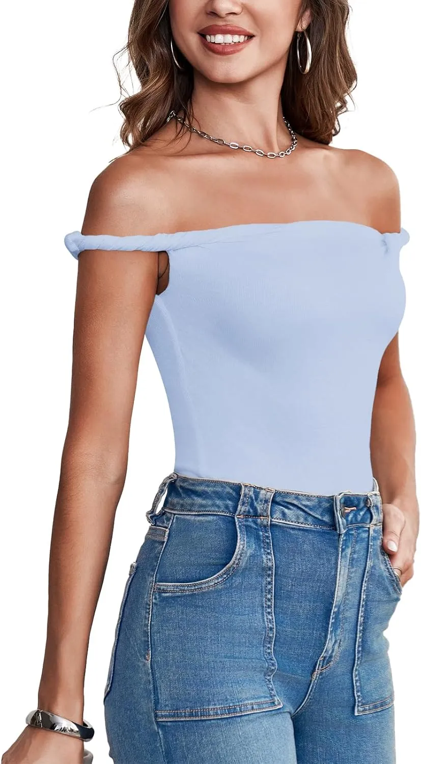 Tankaneo Womens Off The Shoulder Top Sleeveless Slim Fit Stretchy Tank Top Y2k Casual T Shirts
