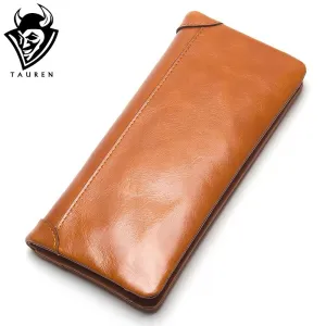 TAUREN Oil Wax Genuine Leather Men Wallet Long Designer Male Clutch Luxury Brand Men Wallets Zipper Coin Purse Phone Bags