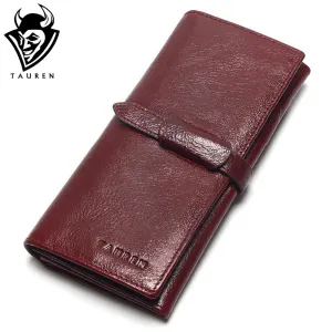 Tauren Retro Wine Red Color Wallets 100% Genuine Cowhide Leather High Quality Women Long Wallet Coin Purse Vintage Designer Male