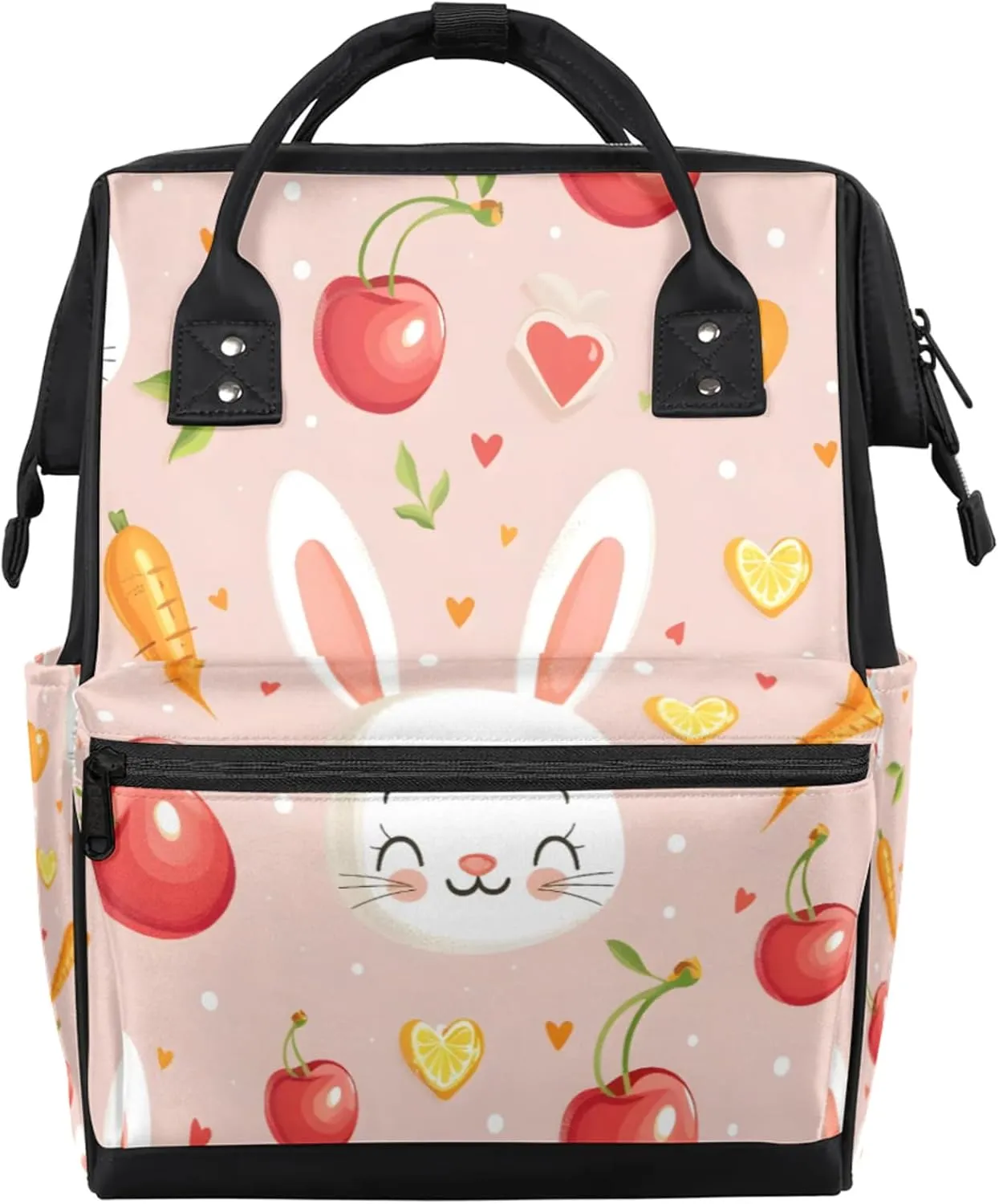 Tavisto Pink Bunny Delights Double Shoulder Mommy Bag for Women, Polyester Large Capacity Diaper Backpack with Multi Pockets, Waterproof Adjustable Straps Diaper Bag for Moms Dads, 11''×7''×15.7''
